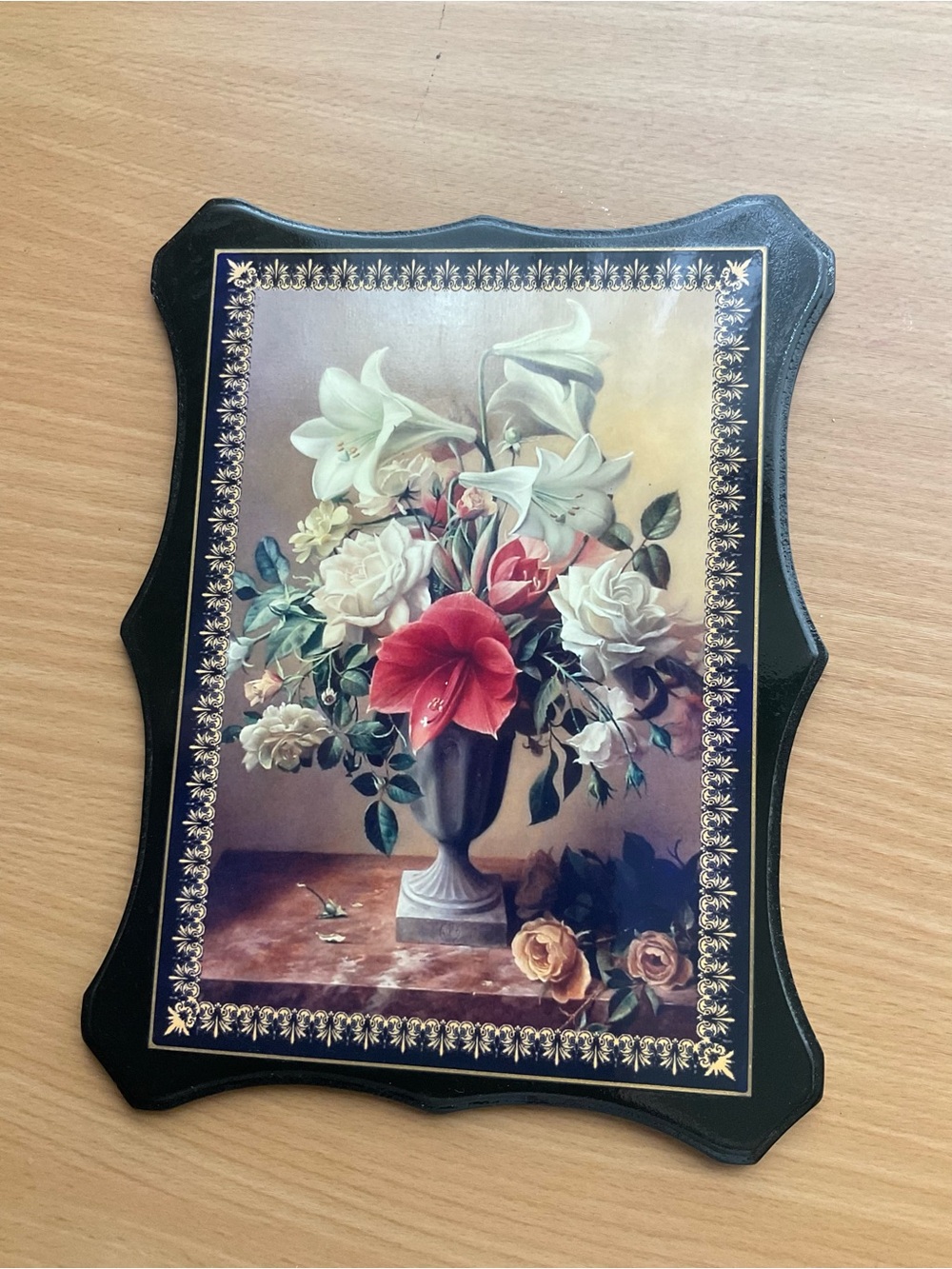 Floral Vase Wall Plaque in Black with Red & White Flowers